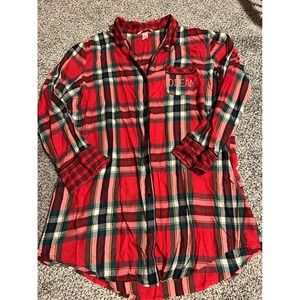 E10 Victoria's Secret Red Plaid Dream Rhinestone Pocket Sleep Shirt‎ L